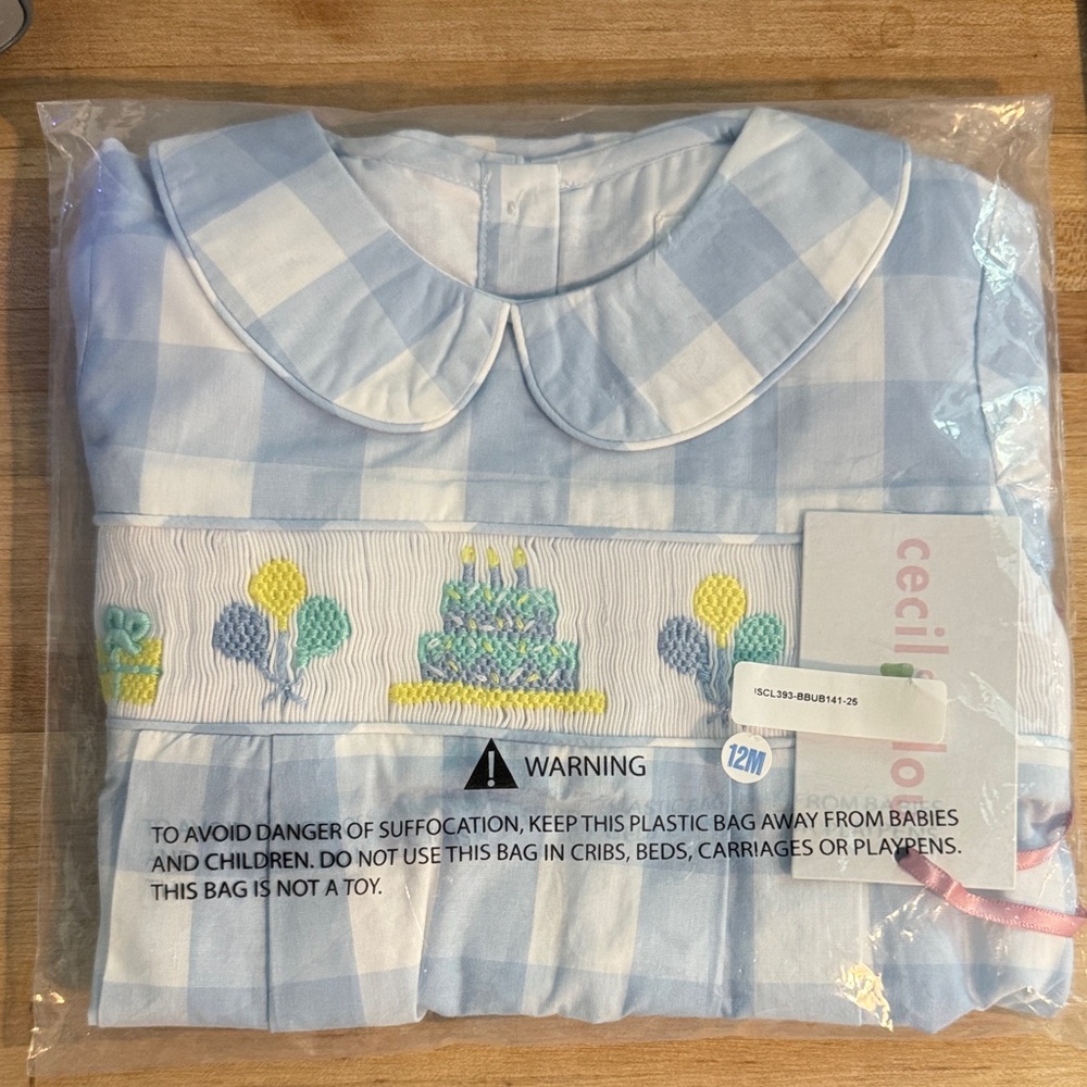 Blue Check Smocked Birthday Bubble